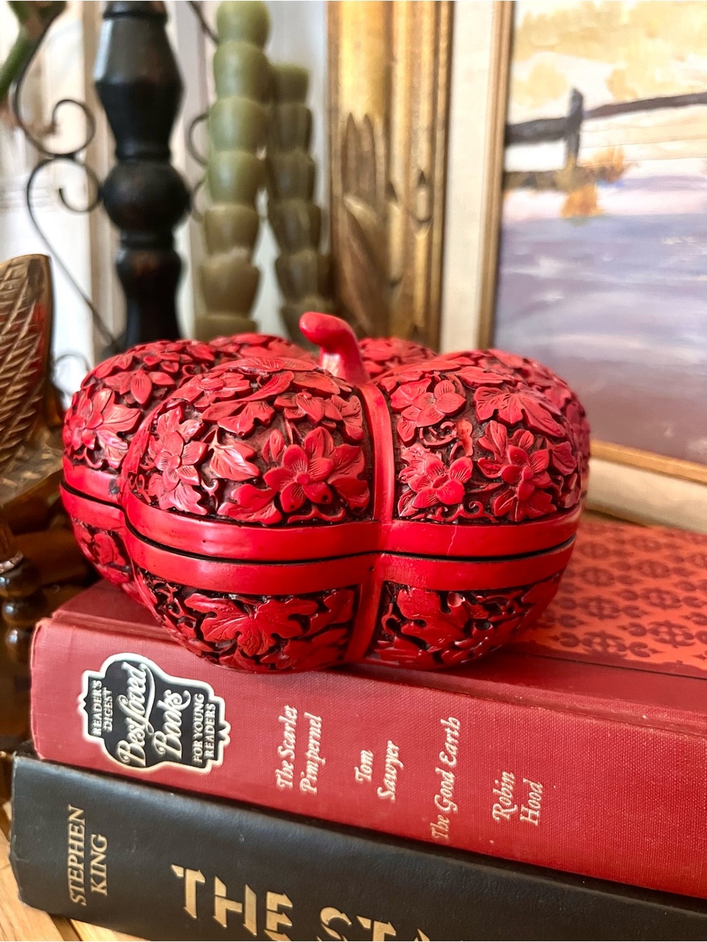 Vintage Cinnabar Carved Lacquerware Pumpkin Shaped Jewelry Box